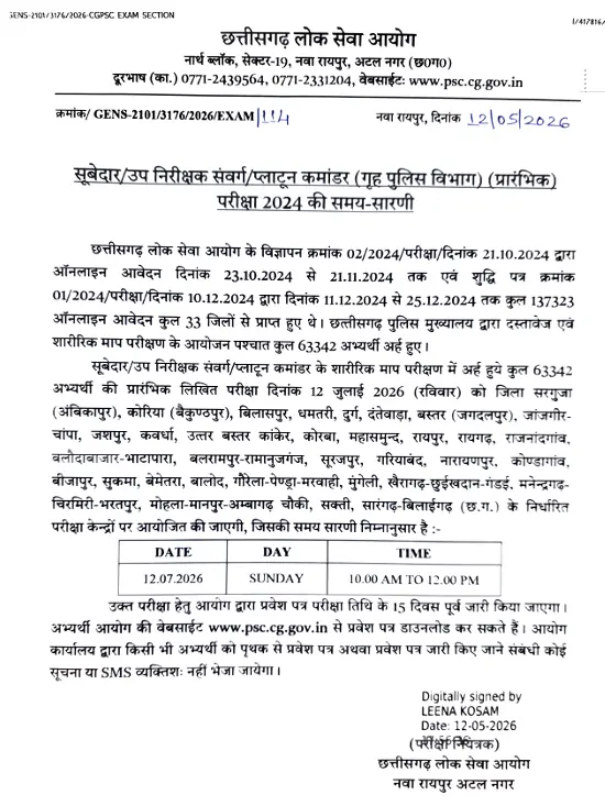 CGPSC SI Admit Card 2026